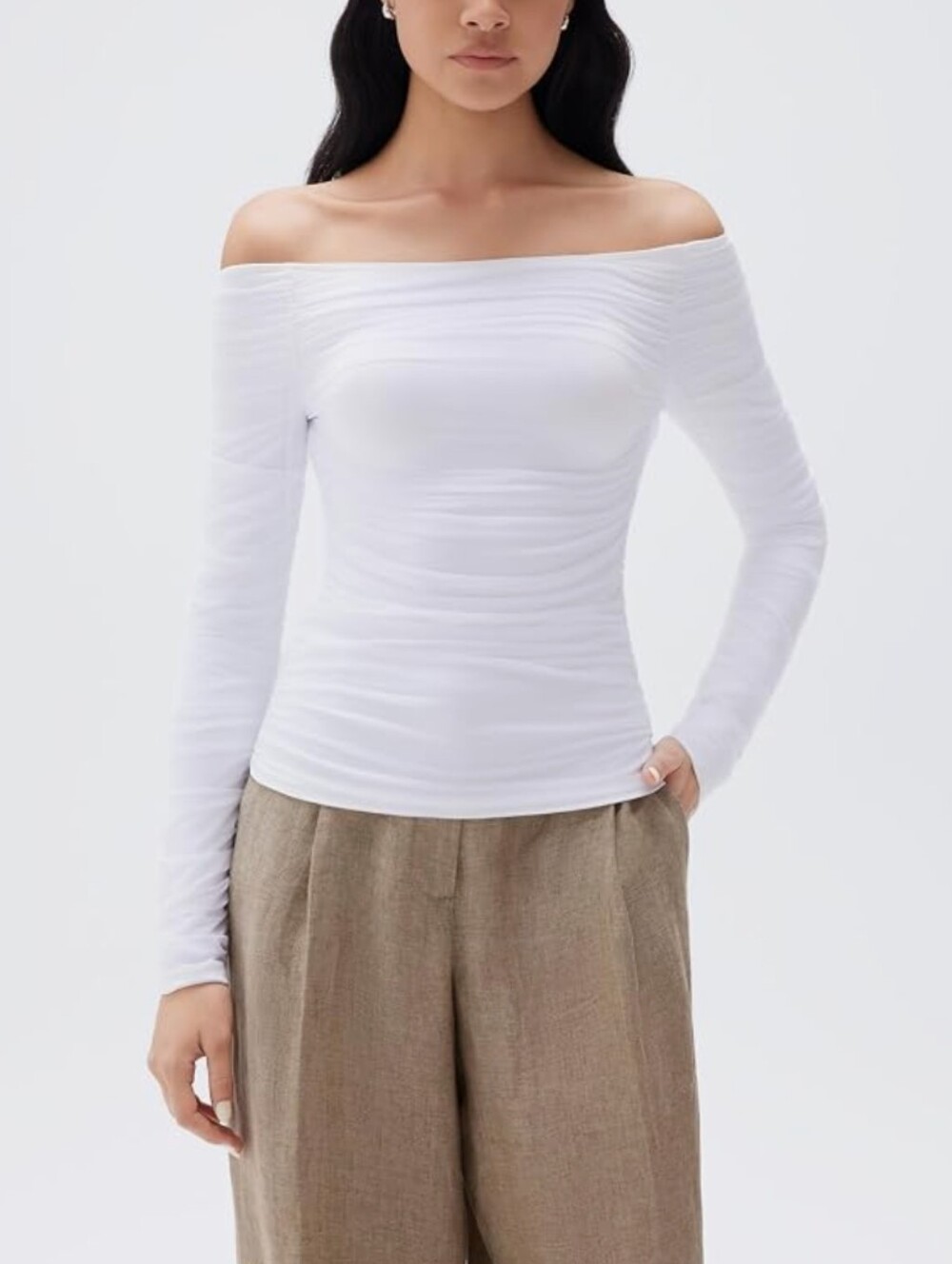 NWT Off-Shoulder Double Lined Mesh Ruched Top In White Size S Padded Cup